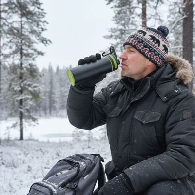 Gourde filtrante homme en randonnée en hiver