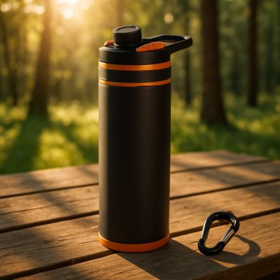 Gourde filtrante orange sur une table de pique nique dans la nature