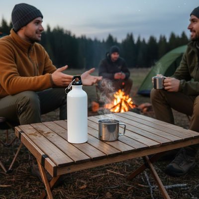 Gourde isotherme acier inoxydable sur la table de pique-nique