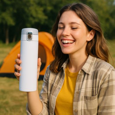 gourde isotherme blanche femme en camping