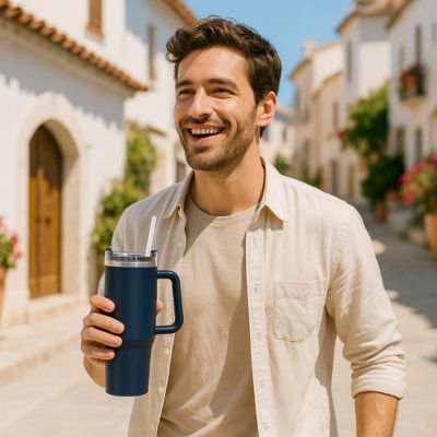 gourde isotherme bleue homme dans un village

