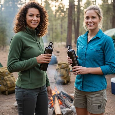 Gourde isotherme deux femmes en camping