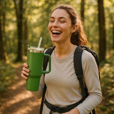 gourde isotherme verte femme en randonnée