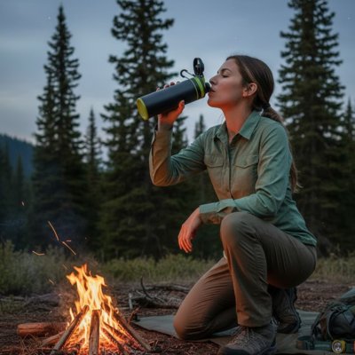 gourde isotherme  filtrante au bord du feu en camping