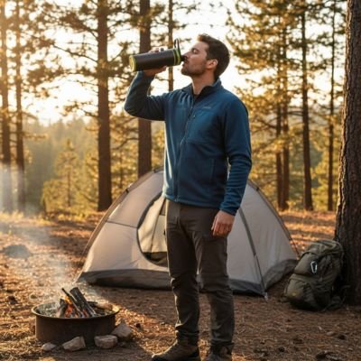 gourde isotherme filtrante homme en camping