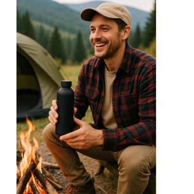 gourde isotherme homme en camping
