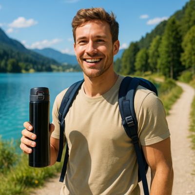 Gourde Isotherme homme près du lac