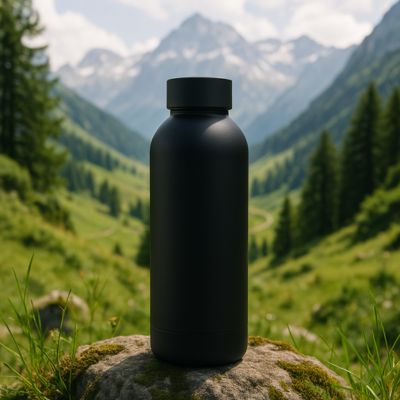 gourde isotherme noire reposant sur un rocher
