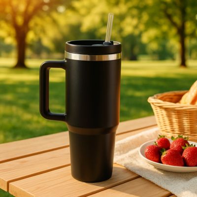 gourde isotherme noire sur une table de pique-nique