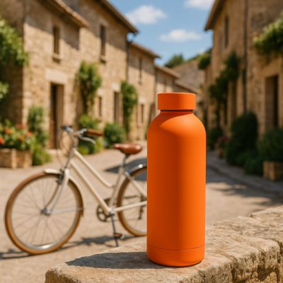 gourde isotherme orange près d'un vélo