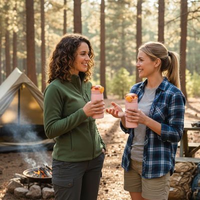 gourde isotherme rose deux femmes en camping 