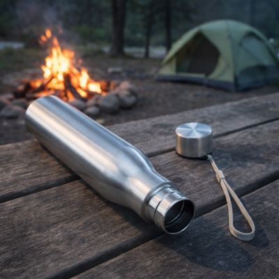 gourde isotherme un litre reposant sur table de pique nique