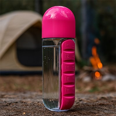 gourde plastique avec pilulier rose