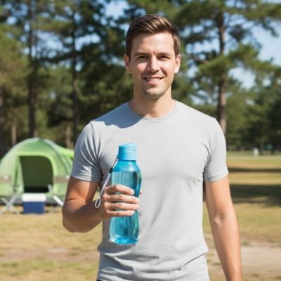 Gourde plastique bleue homme en camping