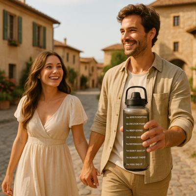 gourde plastique ecodurable couple dans un village