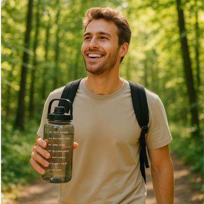 gourde plastique ecodurabe homme en randonnée