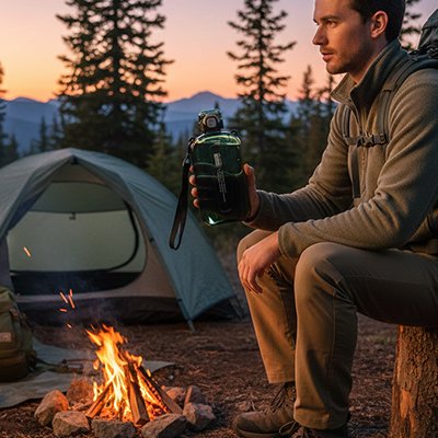gourde plastique homme au repos en camping