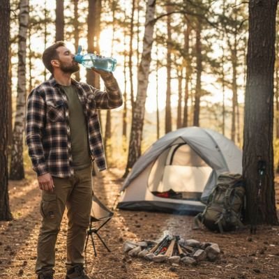 Gourde plastique homme qui boit en camping