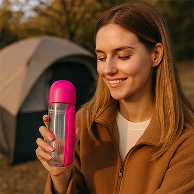 gourde plastique rose pratique avec pilulier