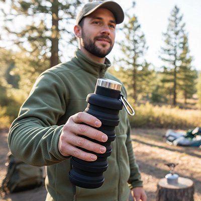 Gourde pliable noire homme dans les bois