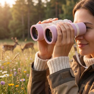 jumelle colorée lilas femme observe la faune 