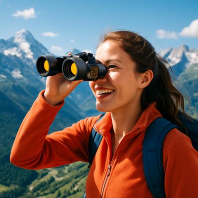 Jumelles femme observant les alpes 