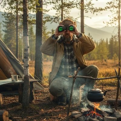 Jumelles homme au feu qui regarde les animaux sauvages