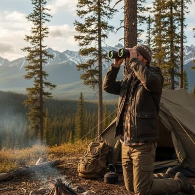 Jumelles homme en camping avec les alpes au loin