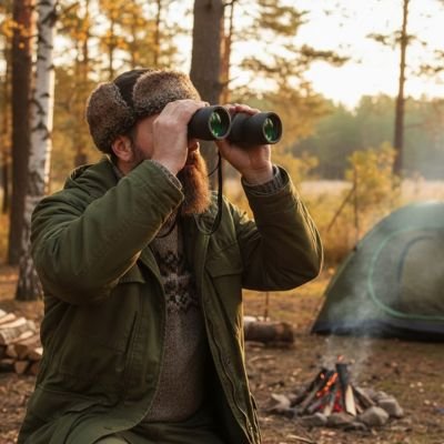 Jumelles homme qui observe la faune au crépuscule