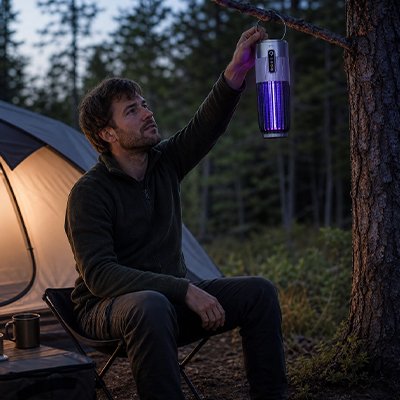 lampe anti moustique accroché à la branche de l'arbre 