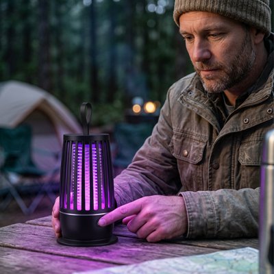lampe anti moustique avec homme en camping