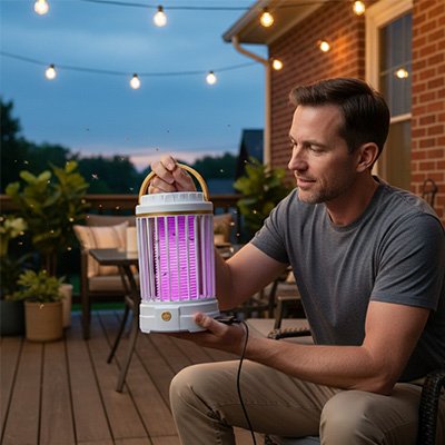lampe anti moustique blanche homme sur son balcon