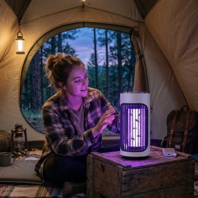 lampe anti moustique femme en camping