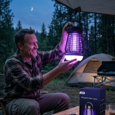 lampe anti moustique homme en camping la nuit