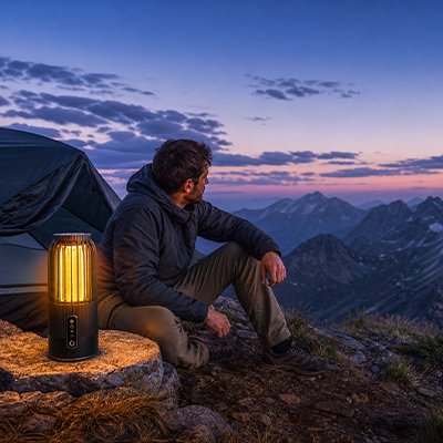 lampe anti moustique homme en camping sauvage alpes