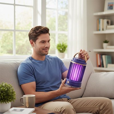 lampe anti moustique homme heureux dans son salon