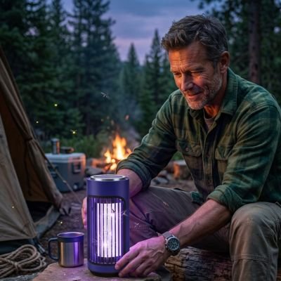 lampe anti moustique homme qui la regarde 