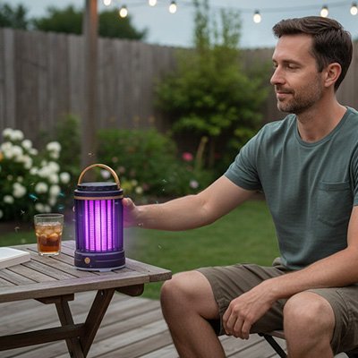 lampe anti moustique homme qui relax dans sa cour