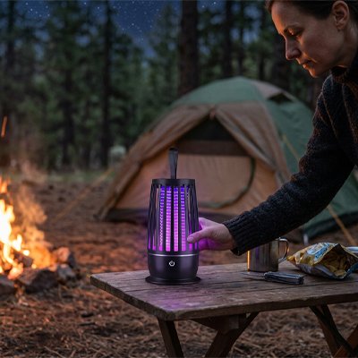 lampe anti moustique reposant sur table pique nique