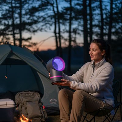 lampe anti moustiques femme heureuse en camping