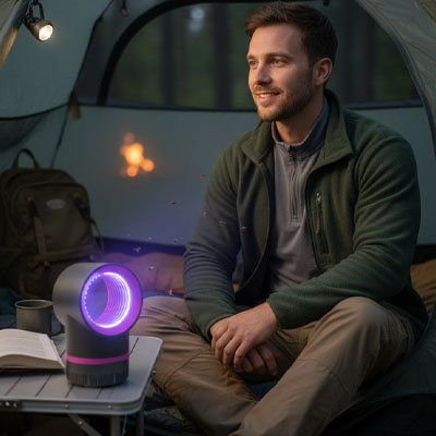 lampe anti moustiques homme serein en camping