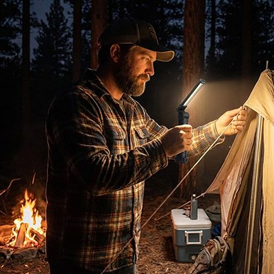 lampe de poche homme qui monte son bivouac 