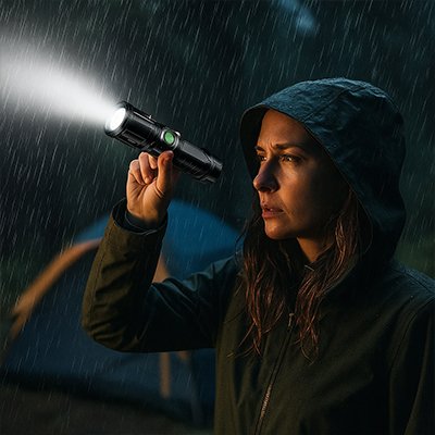 Lampe de poche illuminée femme en camping