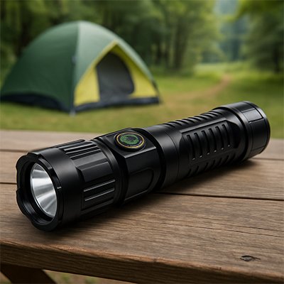 Lampe de poche led reposant sur une table extérieure