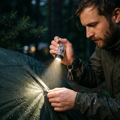 lampe de poche petit format homme sous la pluie en camping