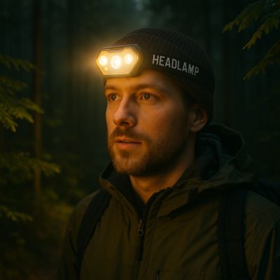lampe frontale sur un homme se promenant dans les bois 