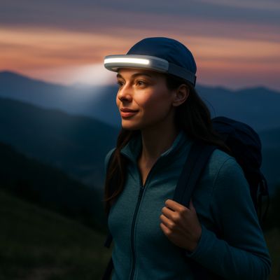 lampe frontale femme en trekking la nuit