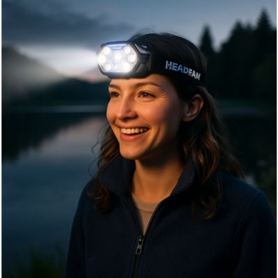 lampe frontale femme dans la pénombre