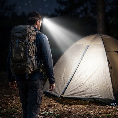 lampe frontale homme avec son bivouac dans la nuit