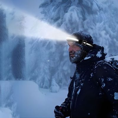 lampe frontale homme dans une tempête de neige